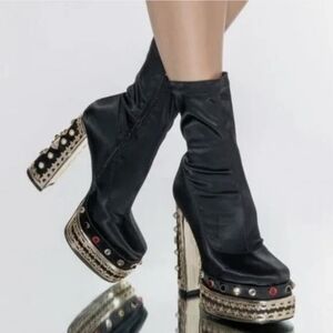 Crystal And Pearl Black and Gold Women's Platform Boots With Pearl Accents